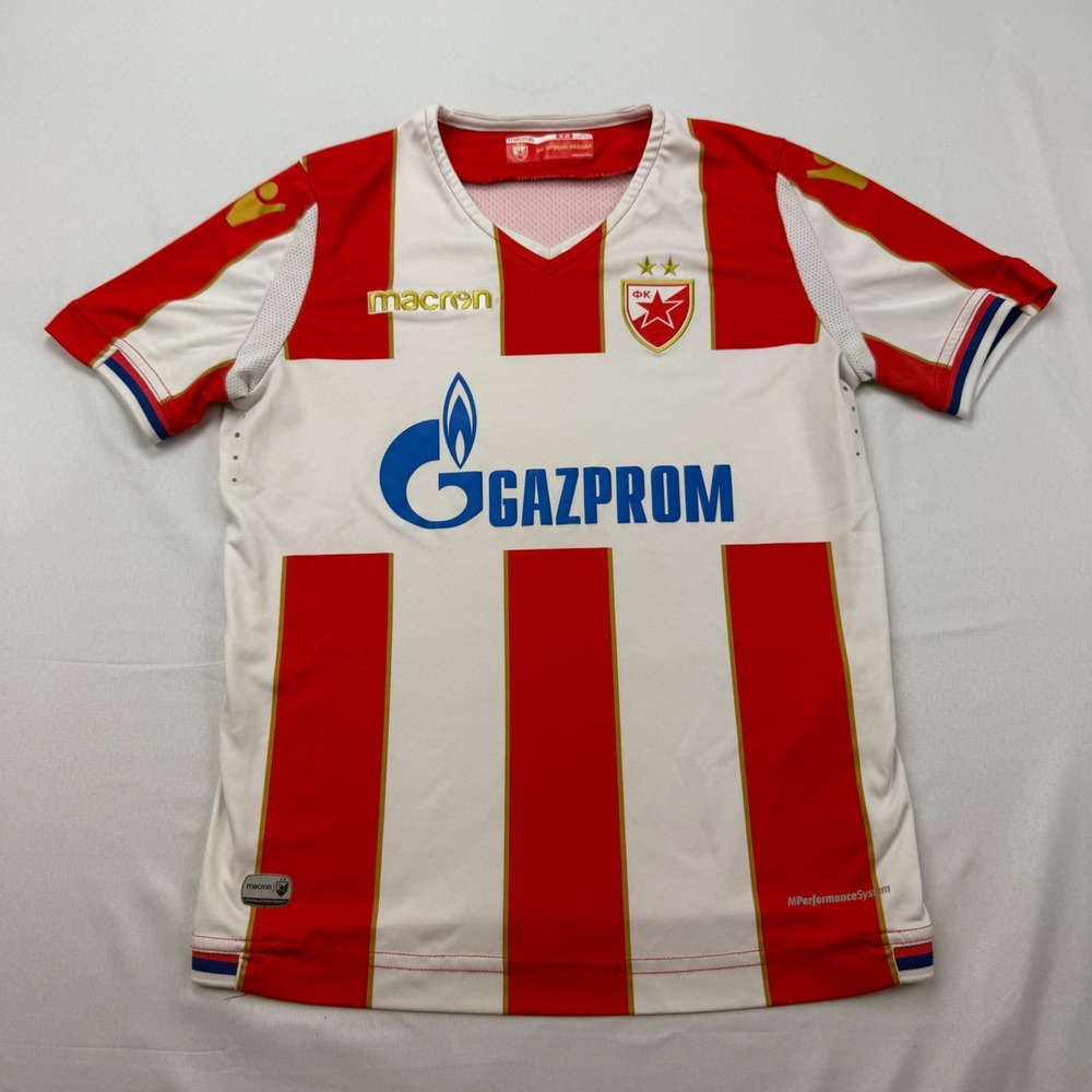 Macron Red Star Belgrade Soccer Jersey Kids Size M Red White Striped Gazprom